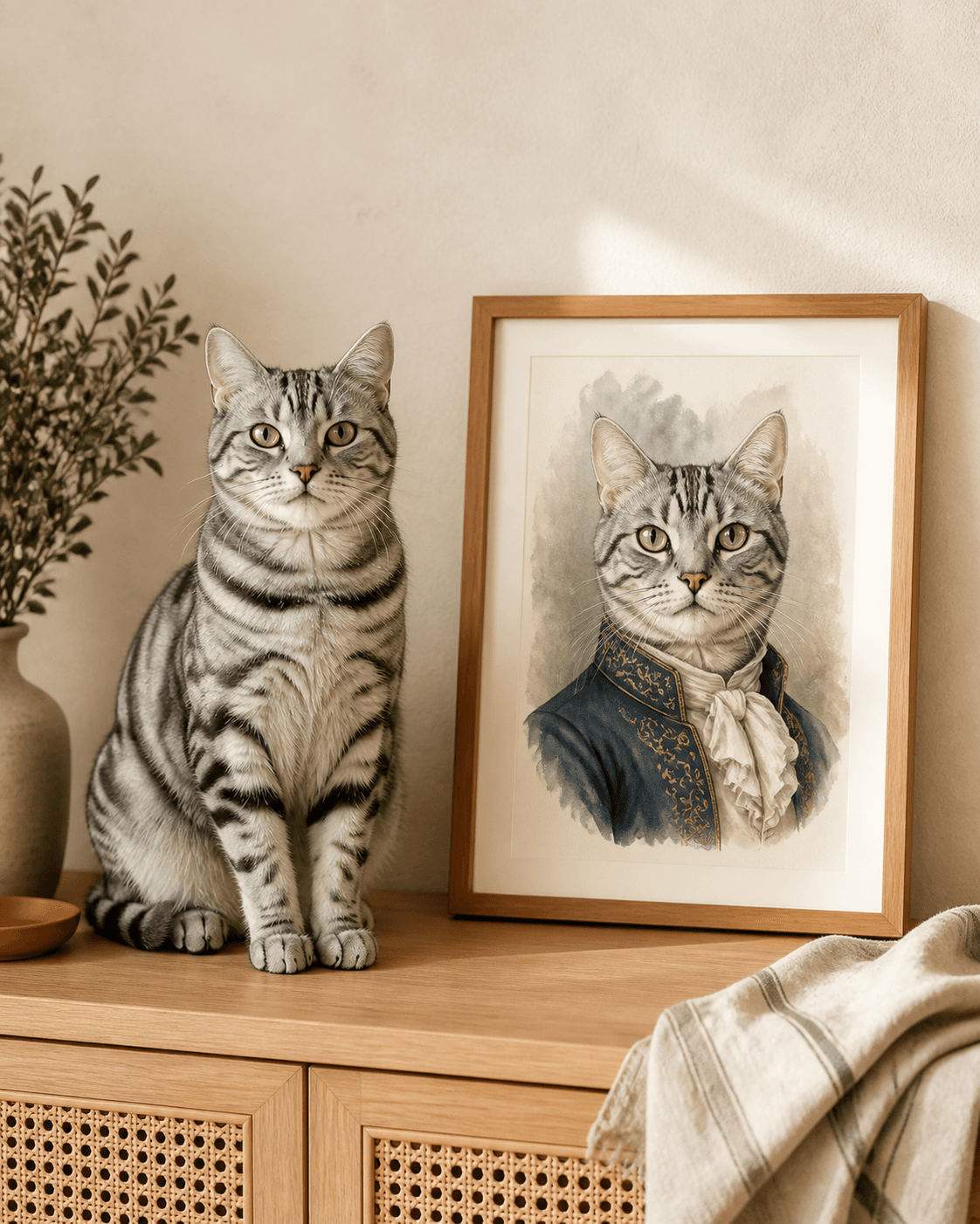 A silver tabby cat beside its matching framed portrait