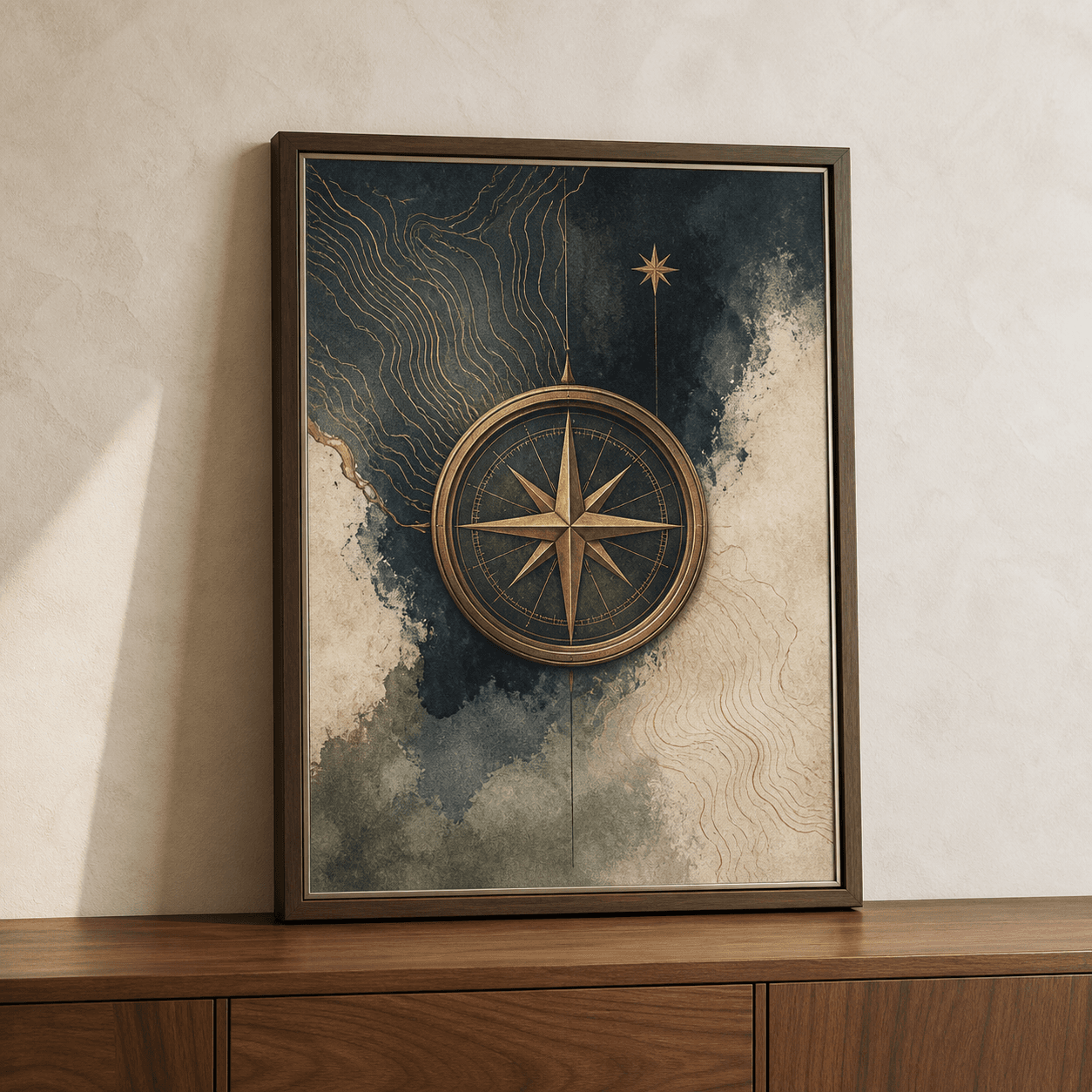 A framed navy and brass compass art print styled above a walnut console