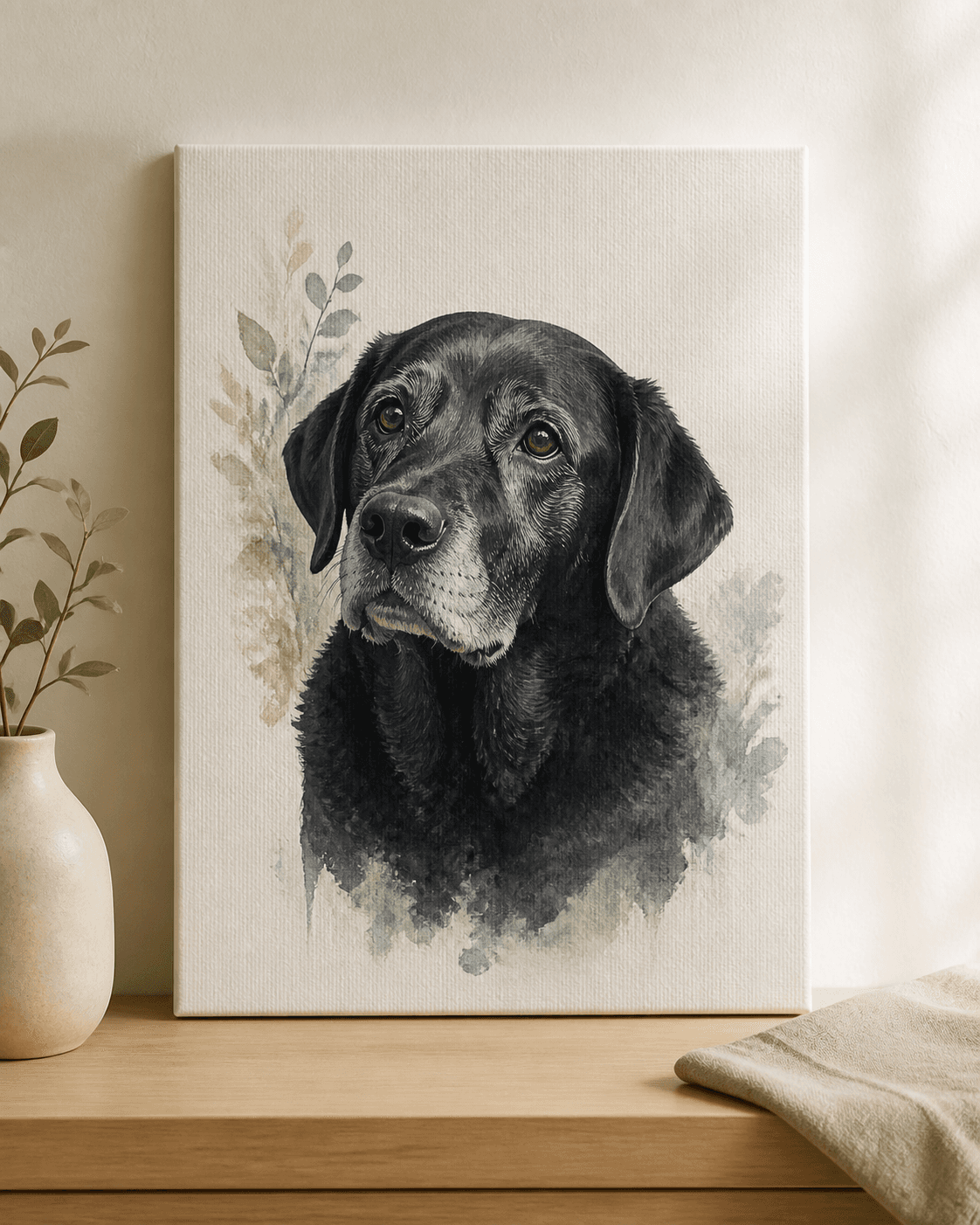 A gentle watercolor memorial portrait of an older Labrador