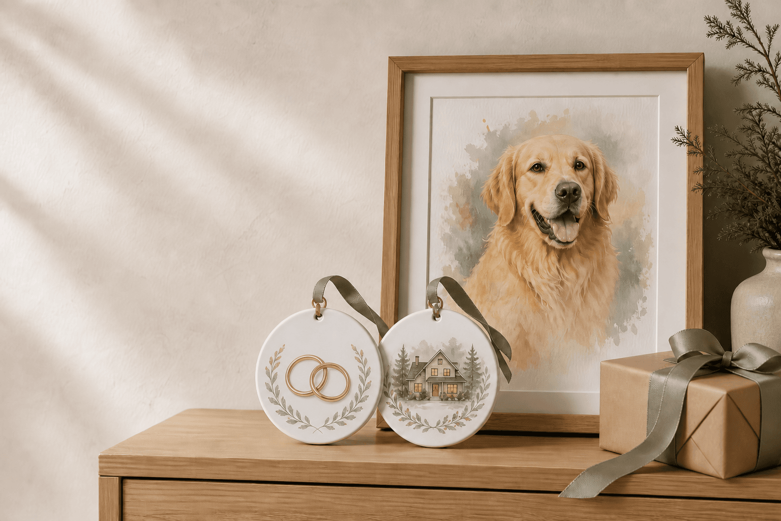 A custom pet portrait, couple ornaments, new-home ornament, and wrapped gift in a warm studio