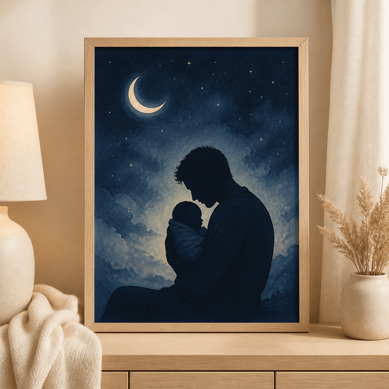 A moonlit parent and baby art print in a nursery