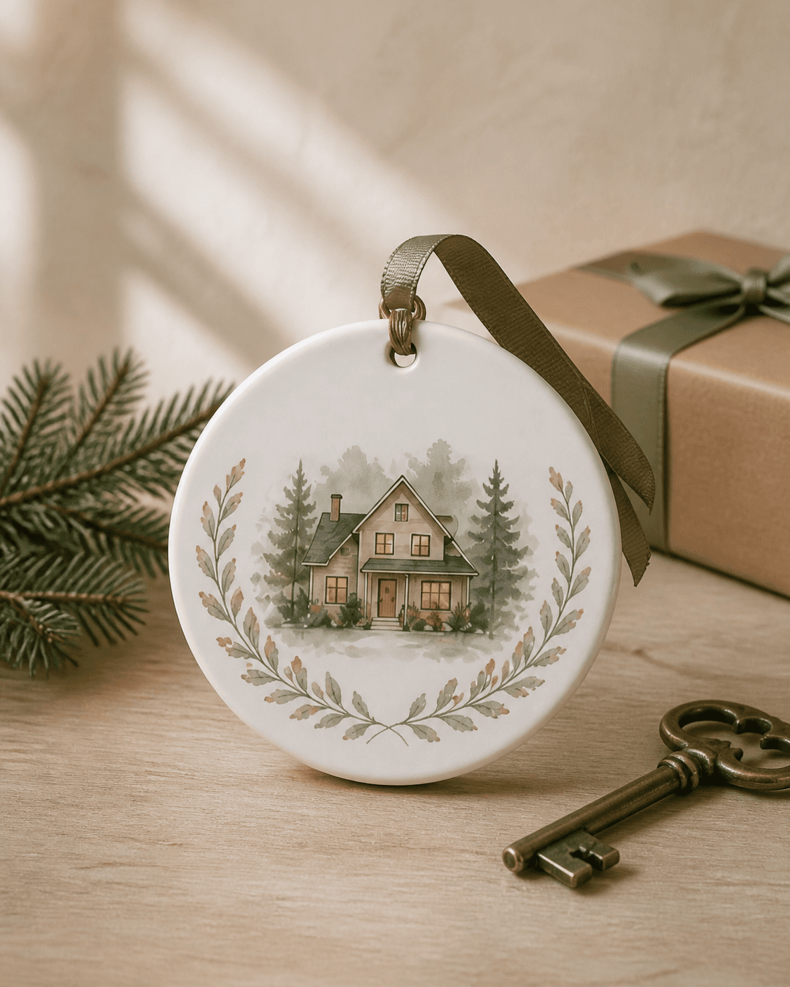 A new-home ornament presented beside an antique key