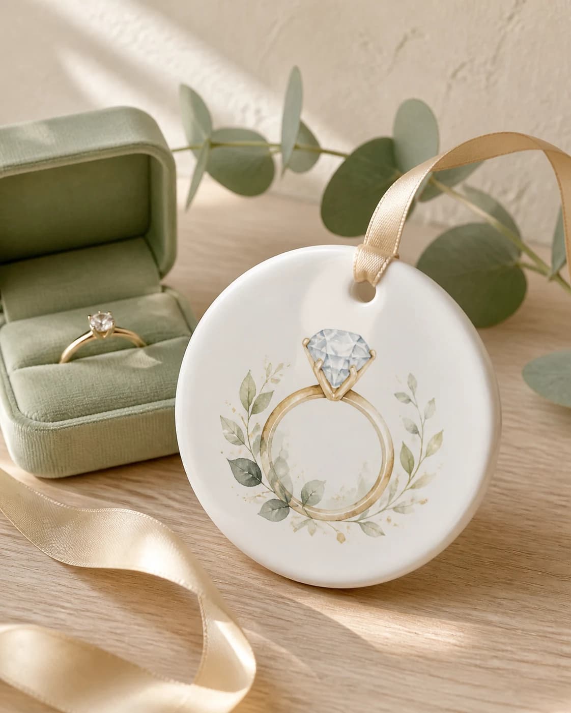 An engagement ornament beside a sage ring box