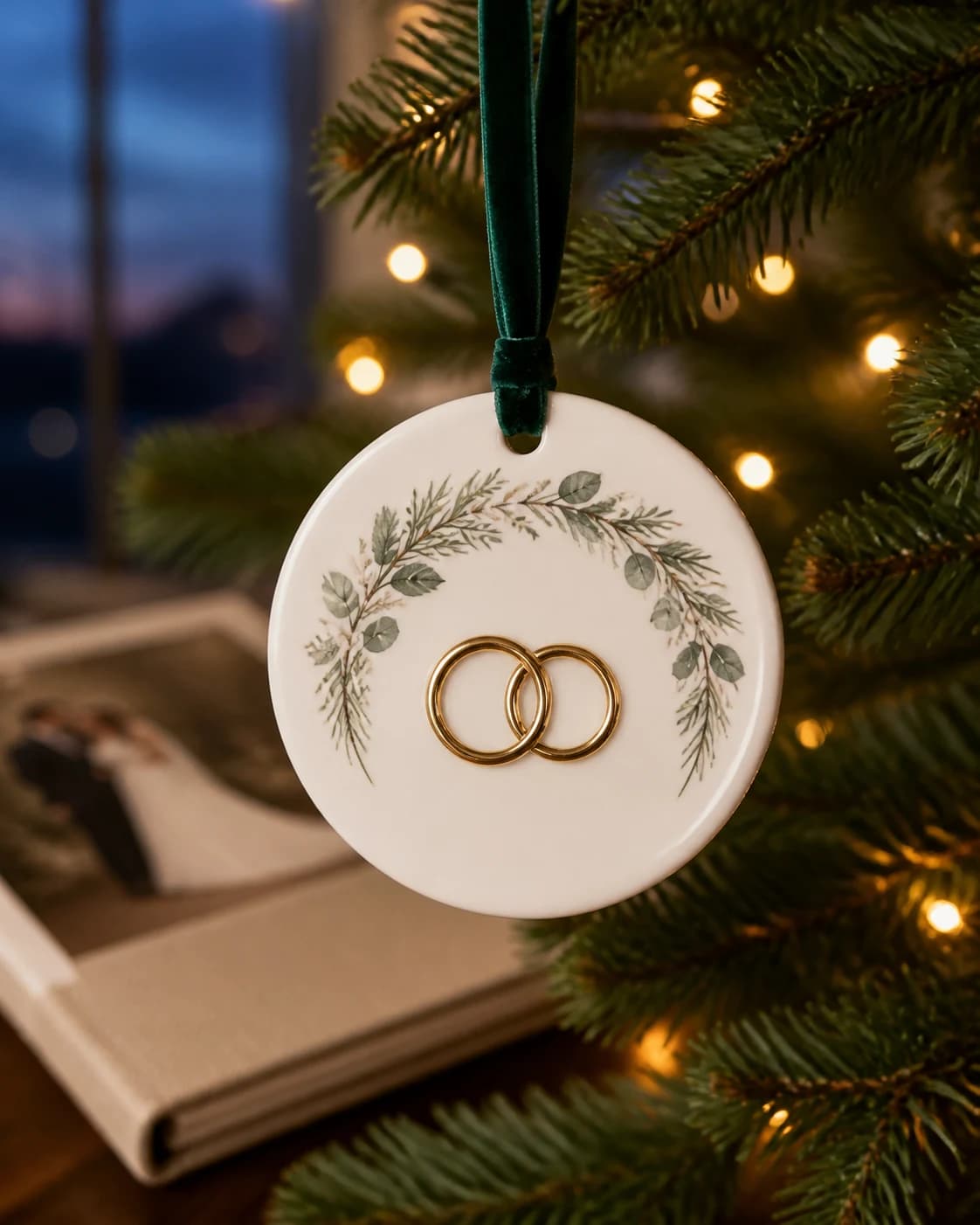 A newly married ornament hanging from a Christmas tree