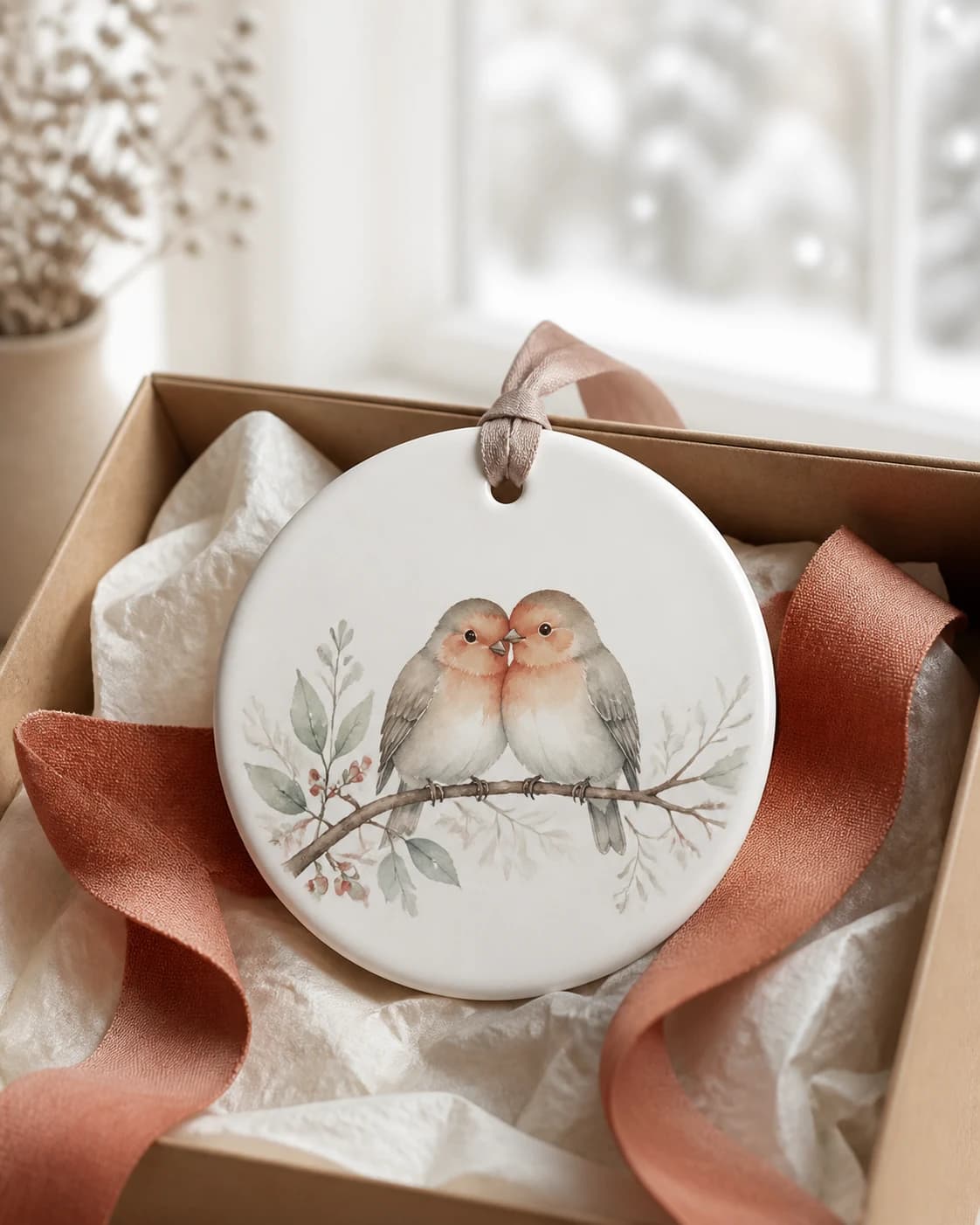 A couple ornament with two watercolor winter birds