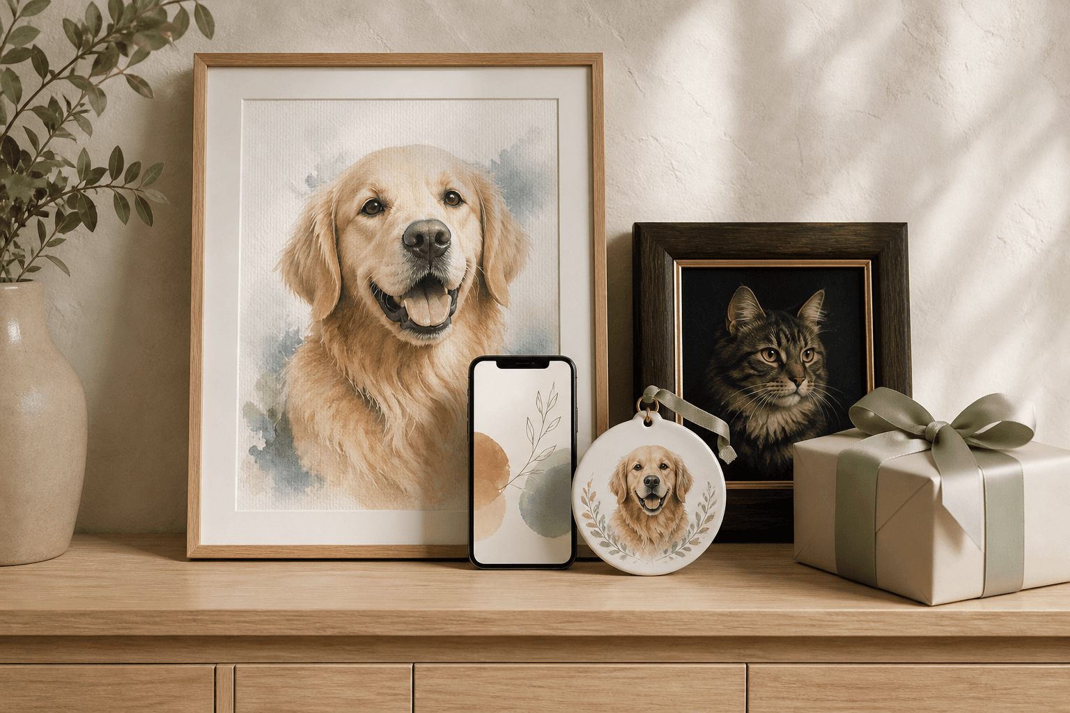 A warm shelf of pet artwork and gift-ready studio pieces