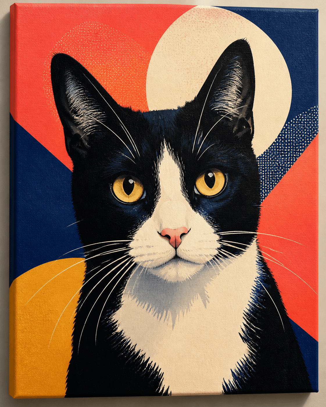 A colorful ready-made canvas featuring a tuxedo cat